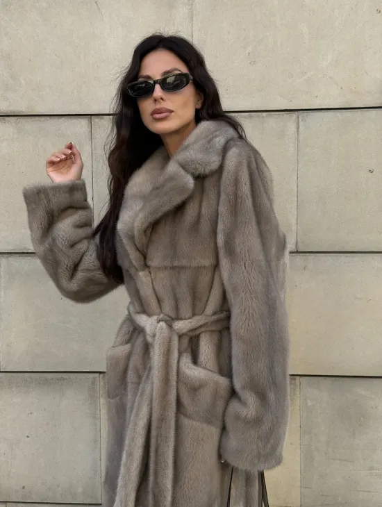 Норковая шуба цельный мех с поясом Luxury Line - цвет silver