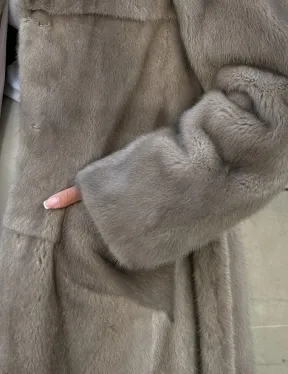 Норковая шуба цельный мех с поясом Luxury Line - цвет silver