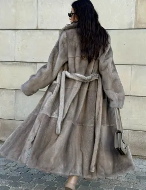 Норковая шуба цельный мех с поясом Luxury Line - цвет silver