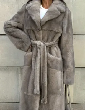 Норковая шуба цельный мех с поясом Luxury Line - цвет silver