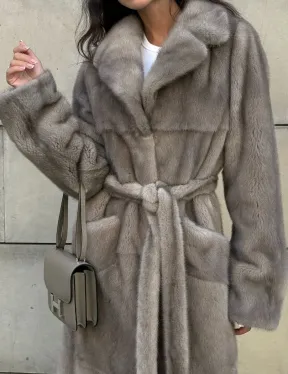 Норковая шуба цельный мех с поясом Luxury Line - цвет silver