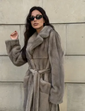 Норковая шуба цельный мех с поясом Luxury Line - цвет silver