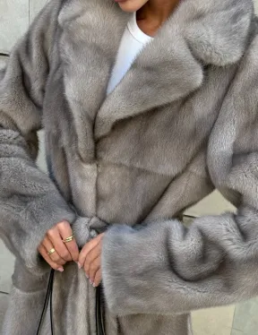 Норковая шуба цельный мех с поясом Luxury Line - цвет silver