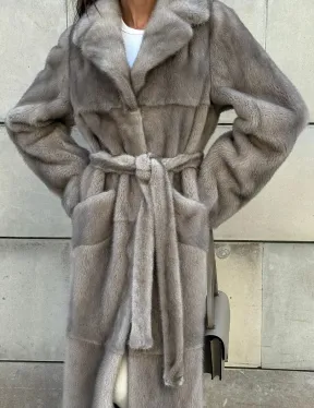 Норковая шуба цельный мех с поясом Luxury Line - цвет silver