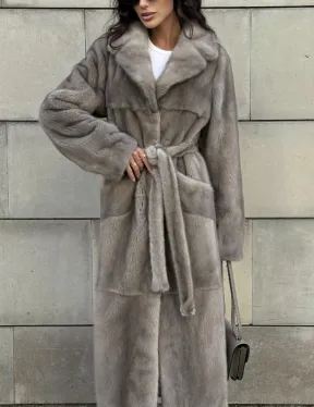 Норковая шуба цельный мех с поясом Luxury Line - цвет silver