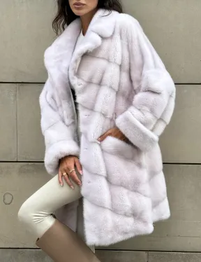 Шуба в диагональной выкладке меха норки с английским воротником - цвет жемчуг