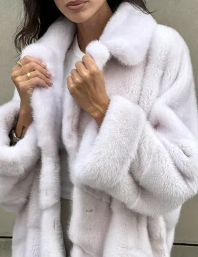 Шуба в диагональной выкладке меха норки с английским воротником - цвет жемчуг