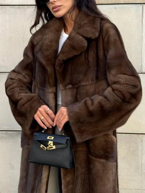 Норковая шуба, мех NAFA роспуск , английский воротник - цвет соболь