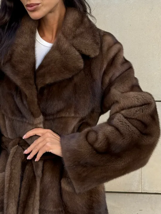 Норковая шуба, мех NAFA роспуск , английский воротник - цвет соболь