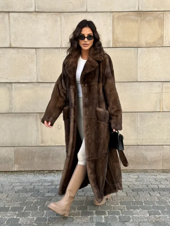 Норковая шуба, мех NAFA роспуск , английский воротник - цвет соболь