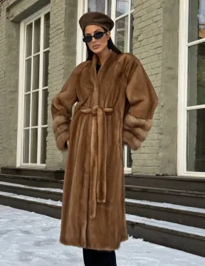 Шуба норковая кимоно VINTAGE GOLD рукава с отделкой из меха куницы