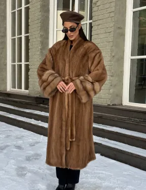 Шуба норковая кимоно VINTAGE GOLD рукава с отделкой из меха куницы