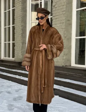 Шуба норковая кимоно VINTAGE GOLD рукава с отделкой из меха куницы