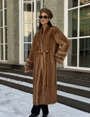 Шуба норковая кимоно VINTAGE GOLD рукава с отделкой из меха куницы