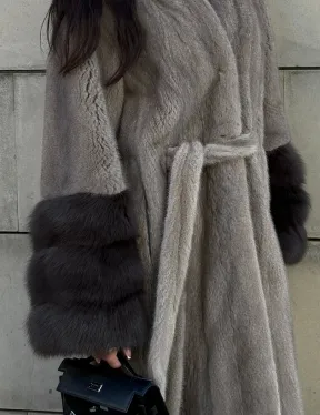 Шуба кимоно из меха норки Vintage Grey рукава с отделкой из куницы