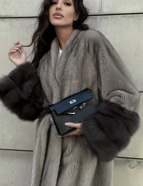Шуба кимоно из меха норки Vintage Grey рукава с отделкой из куницы