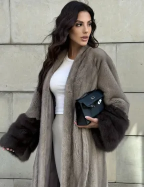 Шуба кимоно из меха норки Vintage Grey рукава с отделкой из куницы