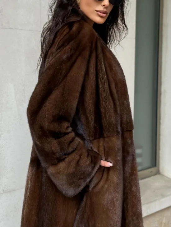 Длинная шуба ВИНТАЖ из меха скандинавской норки без воротника