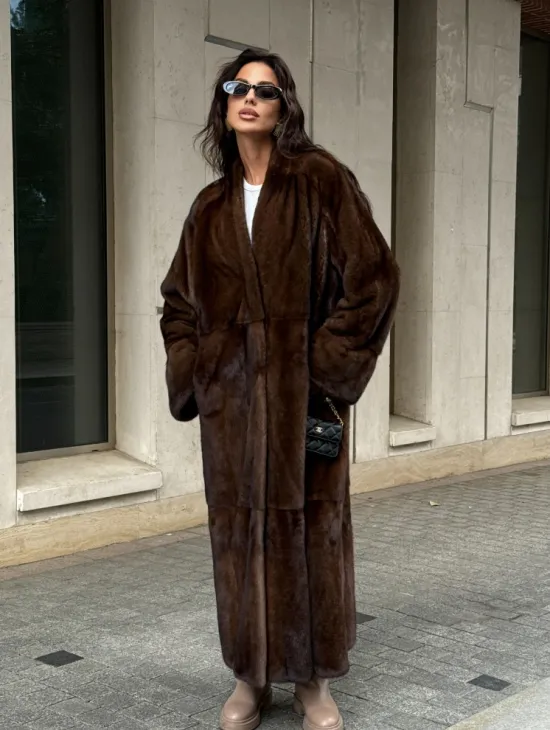 Длинная шуба ВИНТАЖ из меха скандинавской норки без воротника