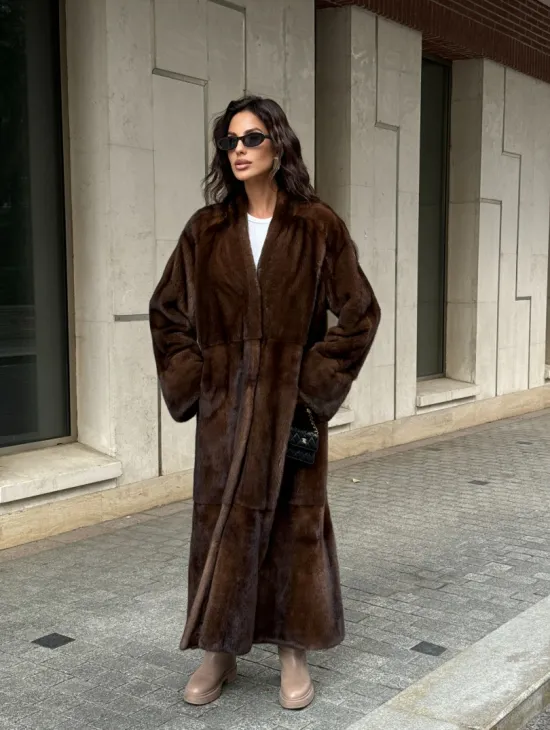 Длинная шуба ВИНТАЖ из меха скандинавской норки без воротника