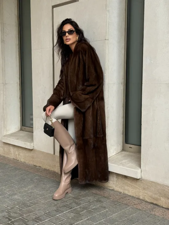 Длинная шуба ВИНТАЖ из меха скандинавской норки без воротника