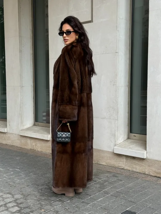 Длинная шуба ВИНТАЖ из меха скандинавской норки без воротника