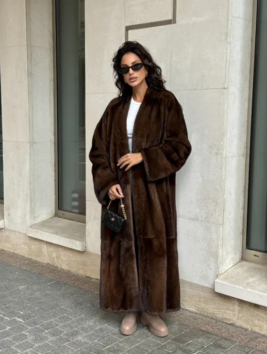 Длинная шуба ВИНТАЖ из меха скандинавской норки без воротника