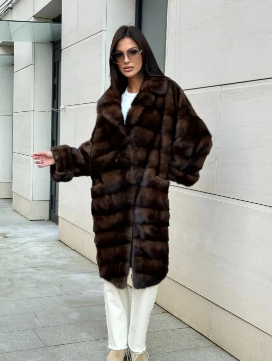 Шуба из меха соболиной норки английский воротник - цвет соболь