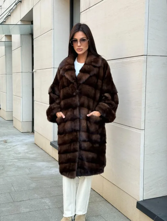 Шуба из меха соболиной норки английский воротник - цвет соболь