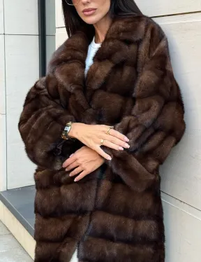 Шуба из меха соболиной норки английский воротник - цвет соболь