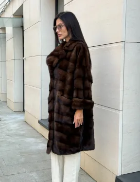 Шуба из меха соболиной норки английский воротник - цвет соболь