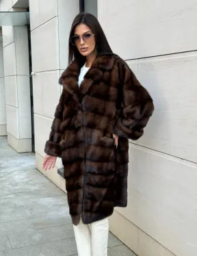 Шуба из меха соболиной норки английский воротник - цвет соболь