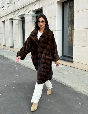 Шуба из меха соболиной норки английский воротник - цвет соболь