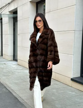 Шуба из меха соболиной норки английский воротник - цвет соболь