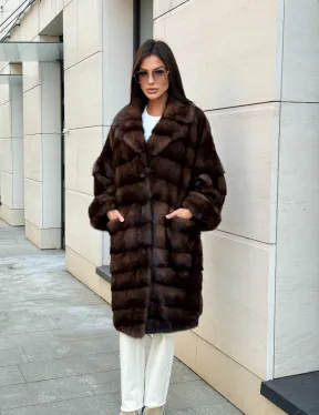 Шуба из меха соболиной норки английский воротник - цвет соболь