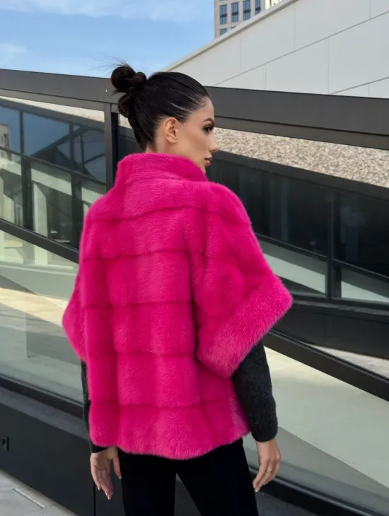 Норковая куртка трансформер 2в1 - цвет фуксия