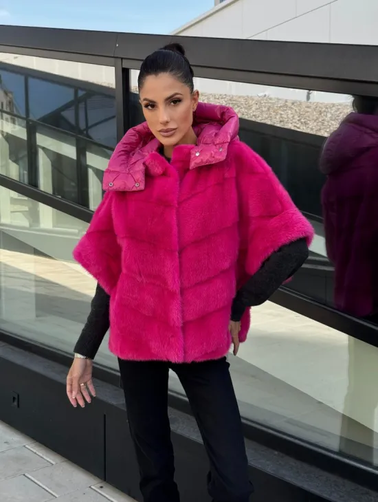 Норковая куртка трансформер 2в1 - цвет фуксия