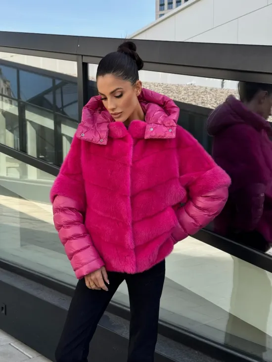 Норковая куртка трансформер 2в1 - цвет фуксия