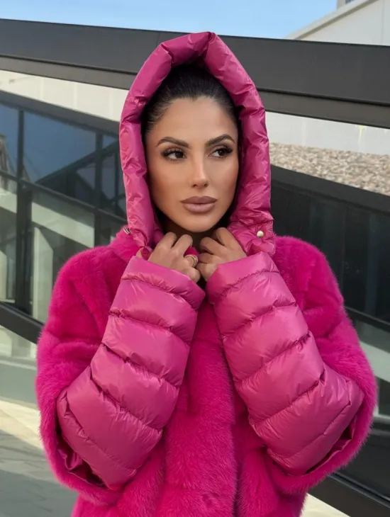 Норковая куртка трансформер 2в1 - цвет фуксия