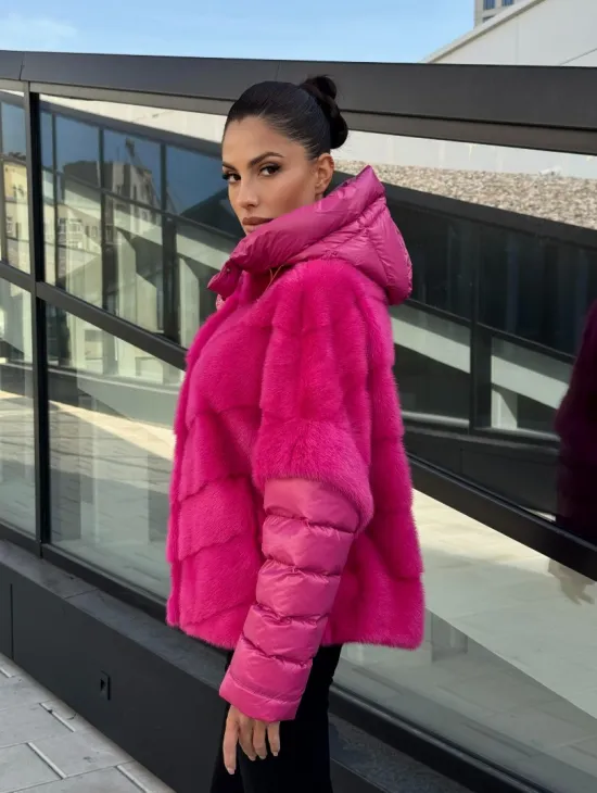 Норковая куртка трансформер 2в1 - цвет фуксия