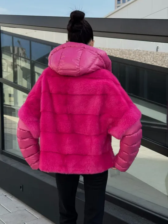 Норковая куртка трансформер 2в1 - цвет фуксия