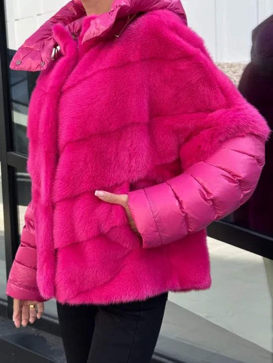 Норковая куртка трансформер 2в1 - цвет фуксия