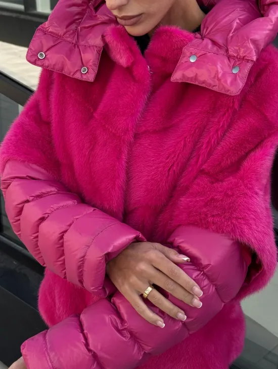 Норковая куртка трансформер 2в1 - цвет фуксия