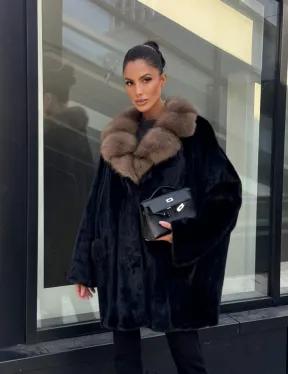 Женское меховое полупальто из норки- воротник куница