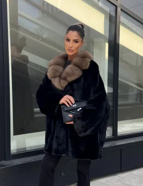 Женское меховое полупальто из норки- воротник куница