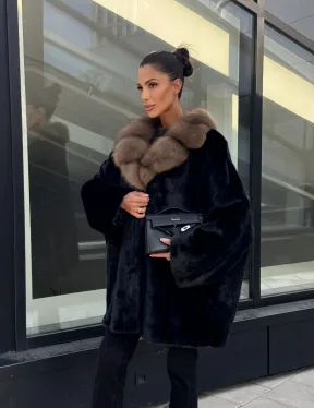 Женское меховое полупальто из норки- воротник куница