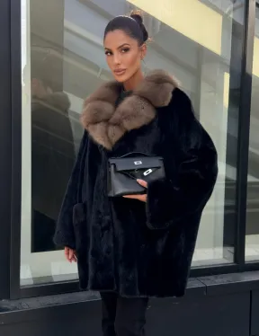 Женское меховое полупальто из норки- воротник куница