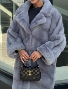 Голубая норковая шуба английский воротник, фасон кокон