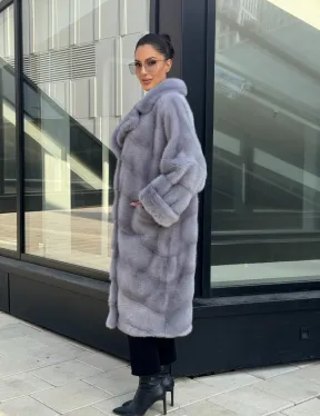 Голубая норковая шуба английский воротник, фасон кокон