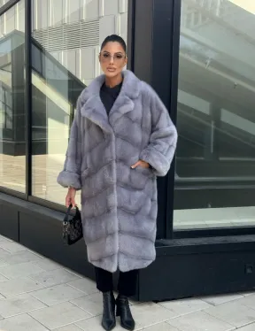Голубая норковая шуба английский воротник, фасон кокон